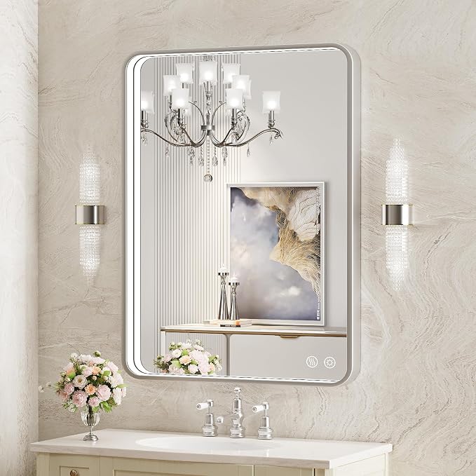 28x36 Inch LED Mirror for Bathroom, Brushed Sliver Metal Frame Lighted Vanity by FTOTI