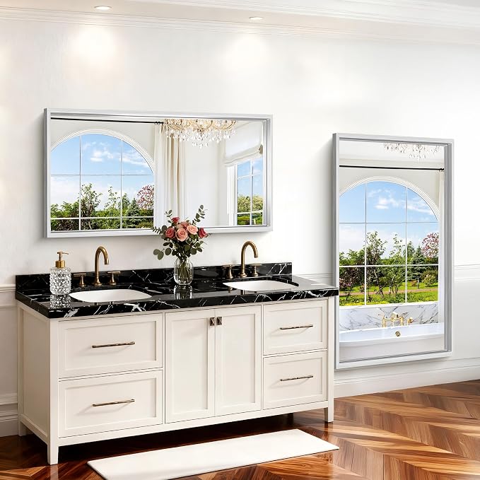 30x55 Silver Bathroom Mirror, Brushed Silver Rectangular Mirror - Image 4