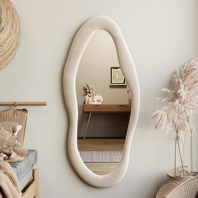 Honyee 55" x 24" Wall Mirror, Flannel Wrapped Wooden Frame Wavy Mirror - Image 2