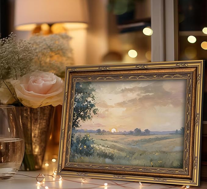 Vintage Gold Framed Wall Art Retro Fall Sunset Country Oil Painting Canvas - Image 6