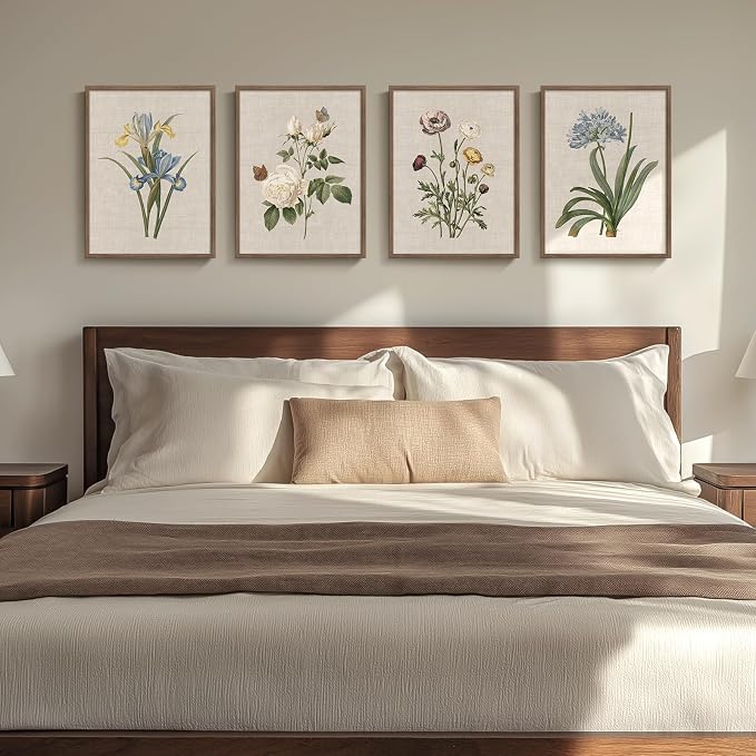 Framed Vintage Botanical Wall Art, 4 Piece Rustic Floral Painting Canvas Prints - Image 8