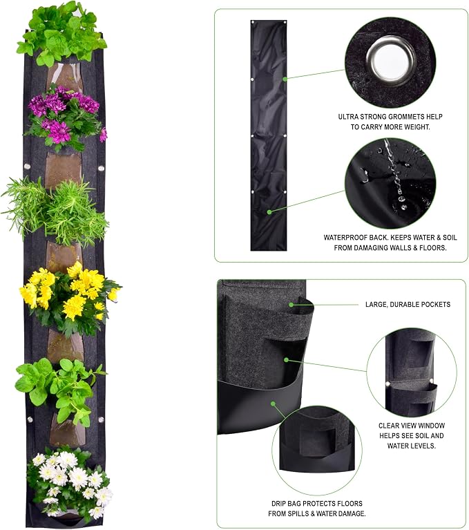 6 Pocket Vertical Grow Bag, Hanging Wall Garden Planter, Indoor Outdoor - Image 2
