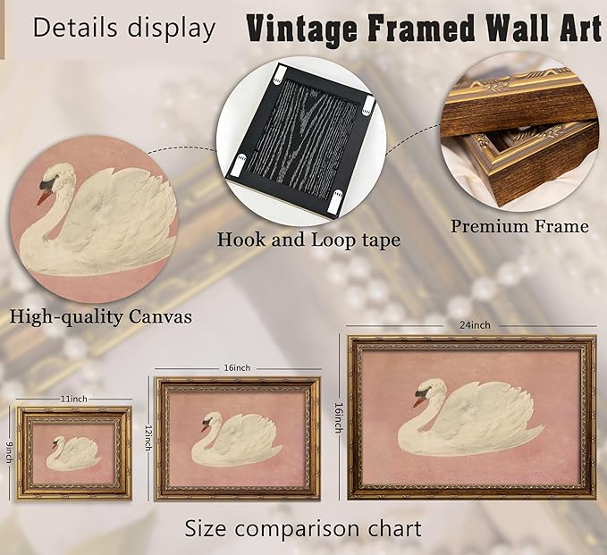 Vintage Gold Framed Wall Art Retro White Swan Cottagecore Canvas Print Neutral - Image 3