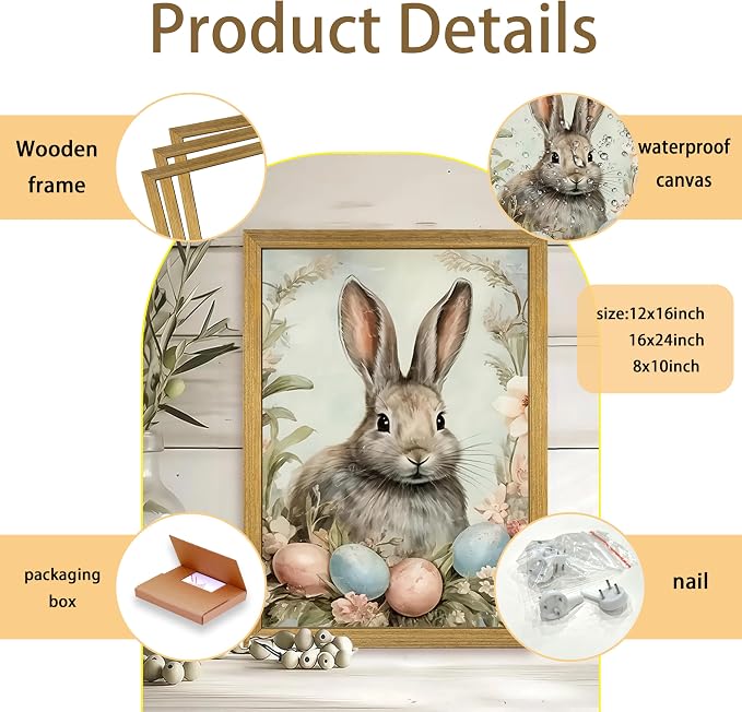 Easter Bunny Wall Art, Vintage Rabbit Canvas Wall Decor, Easter Eggs Poster - Image 3