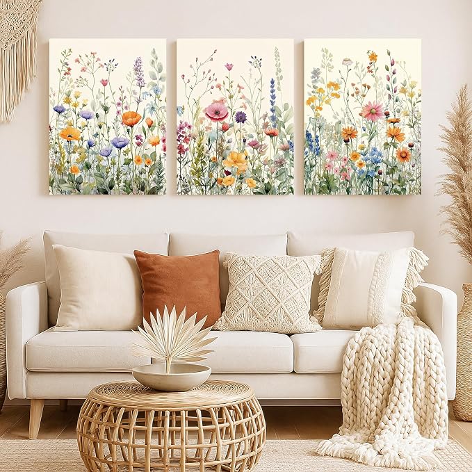 LLEEMPI Framed Watercolor Floral Wall Art Set of 3, Colorful Wildflower Wall - Image 5
