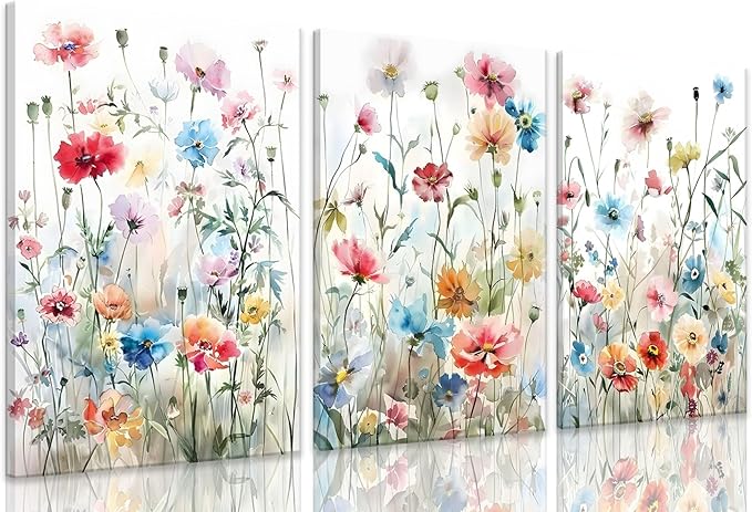 KISSFOX Framed Colorful Wildflower Canvas Wall Art Set Of 3 Flowers Pictures by KISSFOX