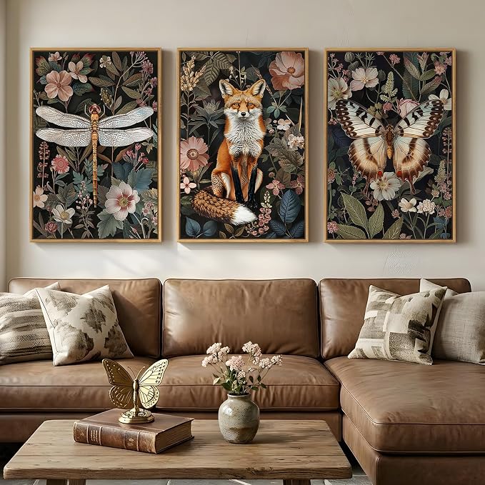 Framed Vintage Botanical Animal Wall Art Set of 3, Dark Floral Butterfly by Cuspin