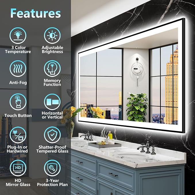 72x36 Black Framed LED Bathroom Mirror - Image 2