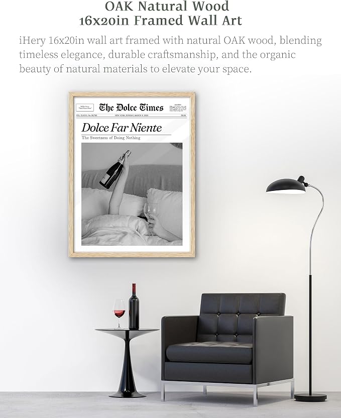 iHery Dolce Far Niente Framed Trendy NewsPaper Wall Art, Natural OAK Wood Large - Image 4