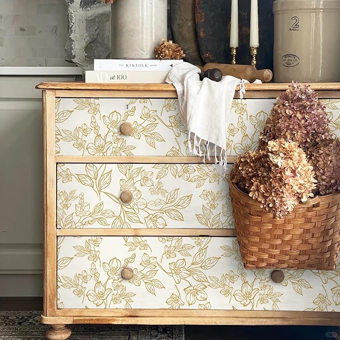 Ismoon Floral Wallpaper Peel and Stick Vintage Flower Beige and Gold Contact - Image 3