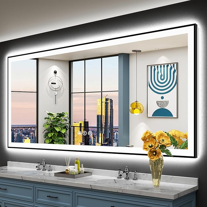 84x40 Black Framed LED Bathroom Mirror by Awandee
