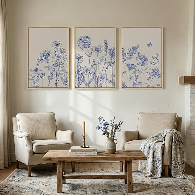 Framed Neutral Chinoiserie Blue Botanical Wall Art, 3 Piece Minimalist Floral - Image 8