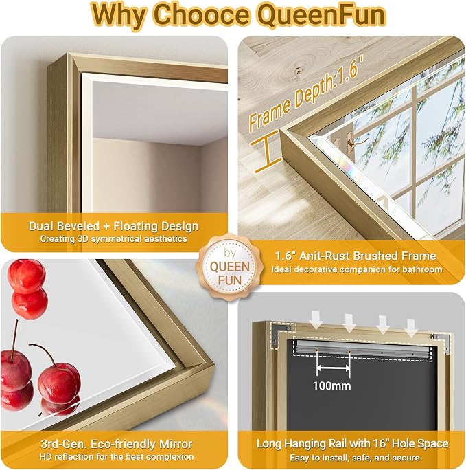 48 x 30 Gold Bathroom Mirror, Brushed Gold Beveled Bathroom Mirror, - Image 8
