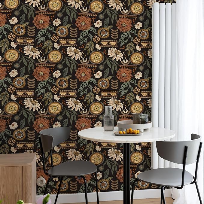 Simon&Siff Boho Peel and Stick Wallpaper, 17.3" x 800" Sun Floral Retro Contact - Image 2