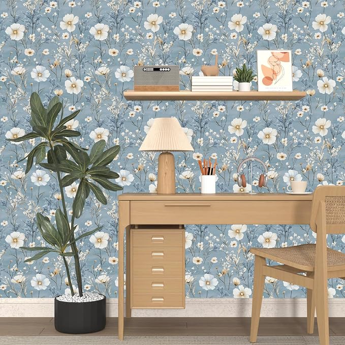 Laatse Blue Floral Peel and Stick Wallpaper White Botanical Contact Paper - Image 4