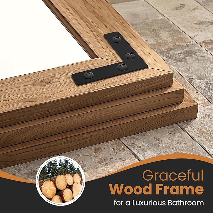 Bathroom Mirror for Wall with Wooden Frame, Vertical or Horizontal Hanging - Image 8