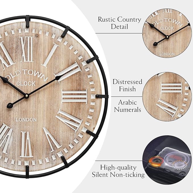 24 Inch Grand Farmhouse Wall Clock, Vintage-Inspired Wood & Metal Design - Image 5