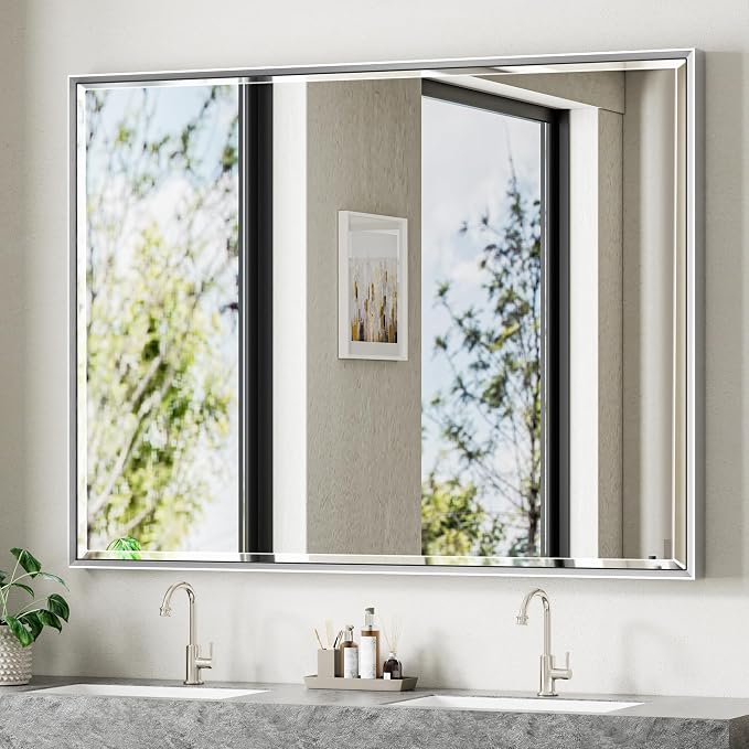 48 x 36 Silver Bathroom Mirror, Large Beveled Silver Bathroom Vanity Mirror by QUEENFUN