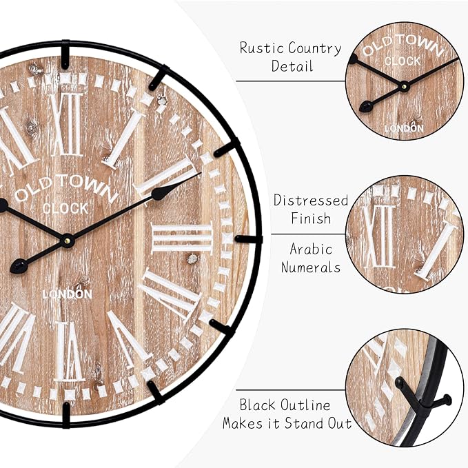 24 Inch Large Farmhouse Wall Clock, Rustic Wooden Wall Clock Decorative - Image 4