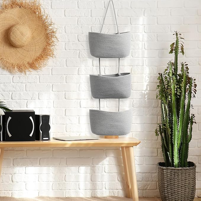 TeoKJ Over the Door Hanging Basket, 3-Tier Woven Cotton Wall-Mounted Storage - Image 2