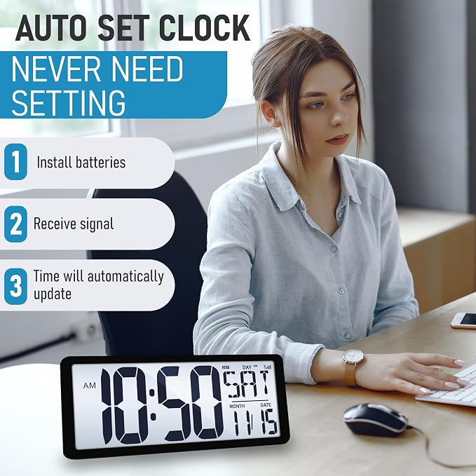 TXL Atomic Clock with Backlight, 14.2" Large Digital Wall Clock Battery Operated - Image 7