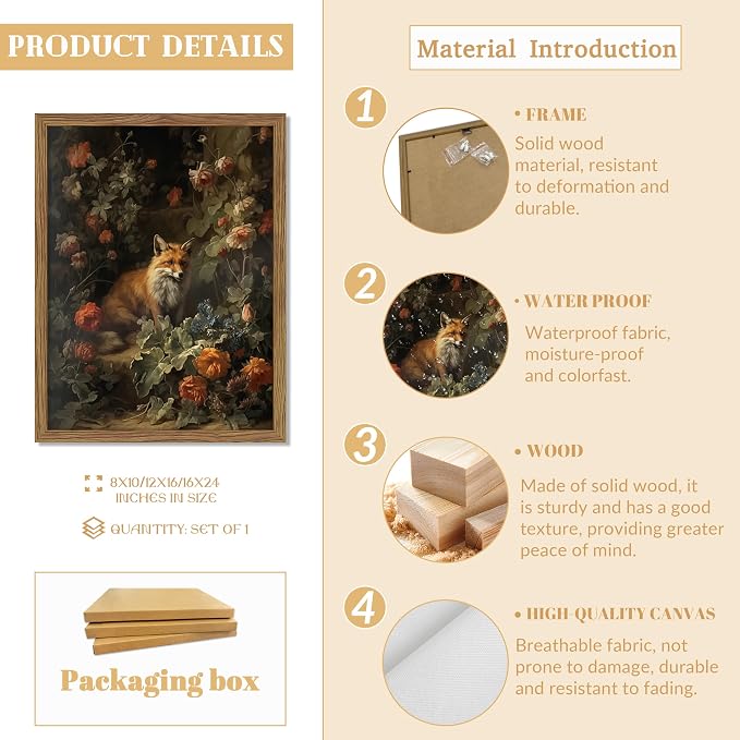 Vintage Fox Canvas Wall Art, Dark Academia Floral Decor, Nature Botanical - Image 5