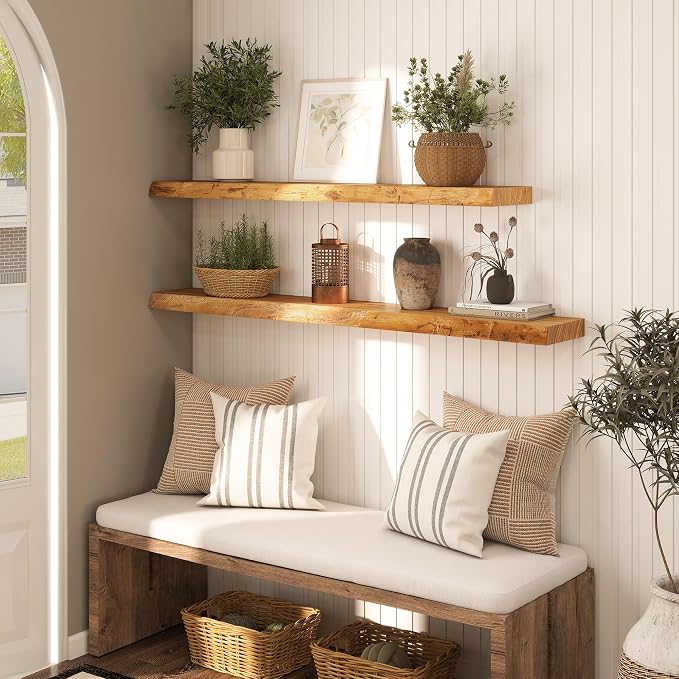 Live Edge Floating Shelf 55 Inch Extra Long | Solid Rustic Elm Wood - Image 4