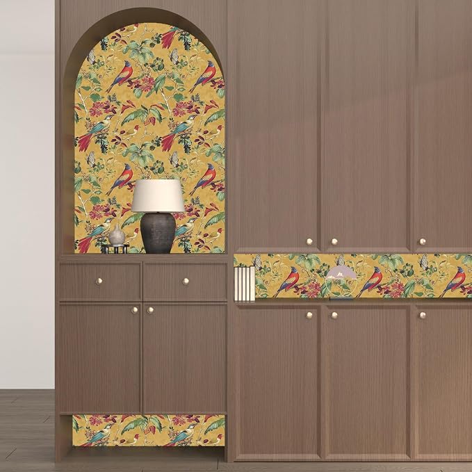 Vintage Floral Bird Wallpaper Peel and Stick, Boho Yellow Contact Paper - Image 3