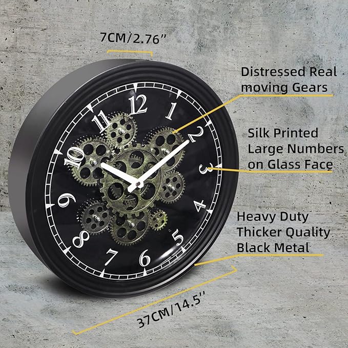 CLXEAST 15 Inch Real Moving Gear Wall Clock, Vintage Industrial Steampunk Metal - Image 2