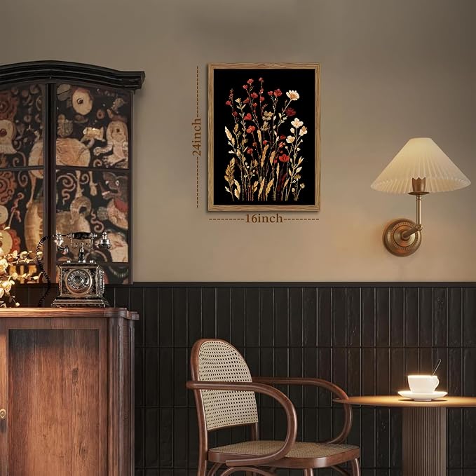 Framed Vintage Floral Wall Art, Dark Wildflower Botanical Canvas Wall Decor - Image 3