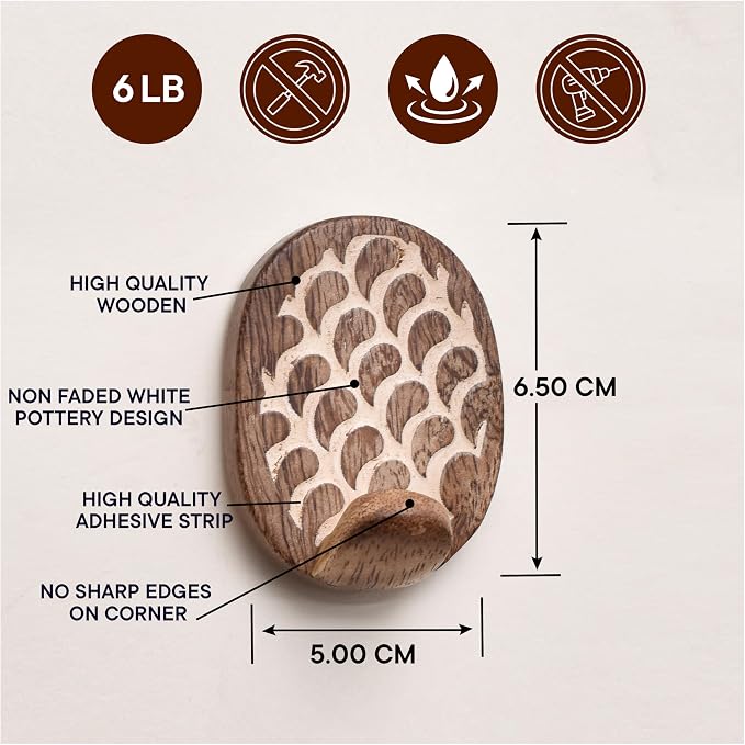 Indian Shelf 6 Lb- 3 Pieces Decorative Wood Adhesive Wall Hooks–Boho Peel and - Image 3