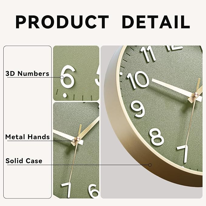 Roymnie Wall Clock 12 Inch Silent Green Wall Clocks Battery Operated- Modern - Image 9