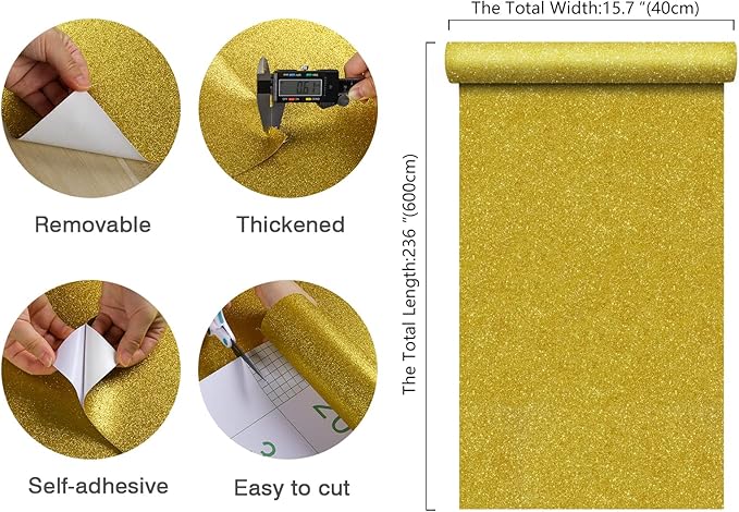 CHIHUT 15.7''x236'' Glitter Contact Paper Gold Glitter Wallpaper Stick and Peel - Image 9