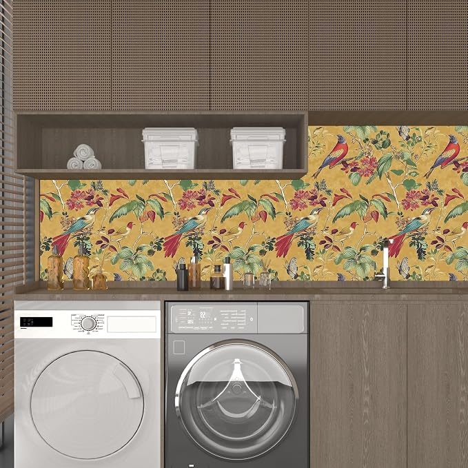 Vintage Floral Bird Wallpaper Peel and Stick, Boho Yellow Contact Paper - Image 4