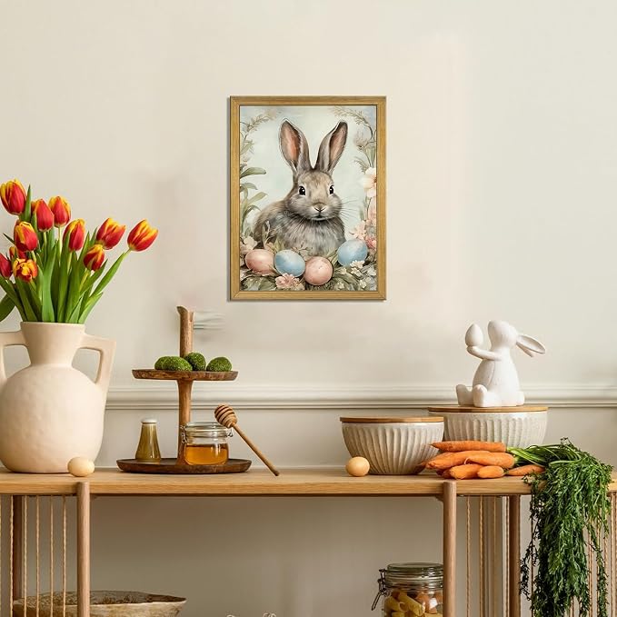Easter Bunny Wall Art, Vintage Rabbit Canvas Wall Decor, Easter Eggs Poster - Image 4