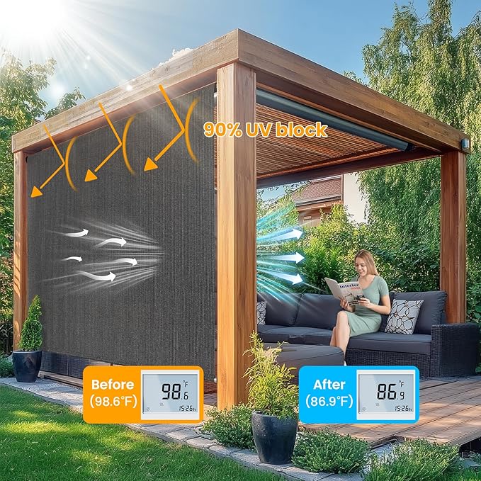 8'W x 6'H Gray Patio Shades Roll up Outdoor Roller Shade Crank Wand Blind - Image 2