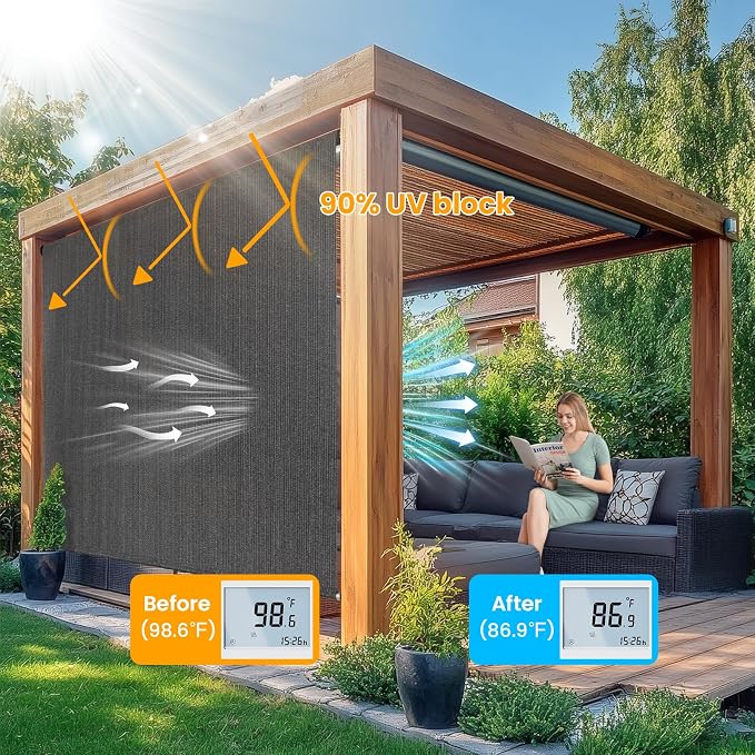 7'W x 6'H Gray Patio Shades Roll up Outdoor Roller Shade Crank Wand Blind - Image 2