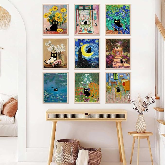 9Pcs Funny Black Cat Wall Art Cats in Famous Paintings Posters Prints Vintage - Image 4
