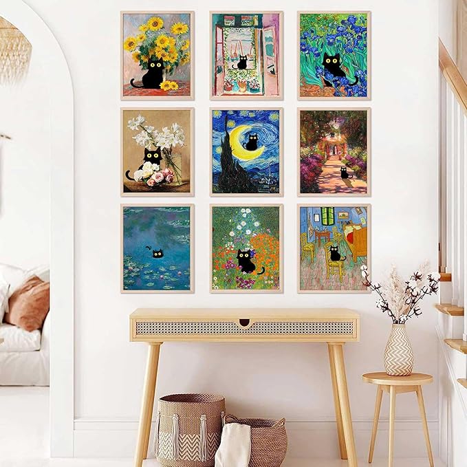 9Pcs Funny Black Cat Wall Art Cats in Famous Paintings Posters Prints Vintage - Image 4