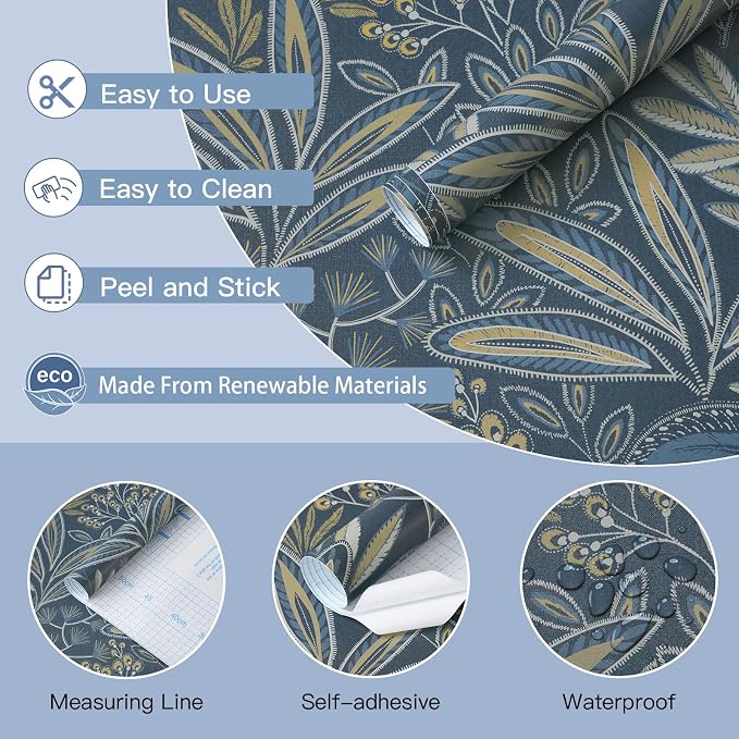Safiyya Blue Vintage Floral Wallpaper Peel and Stick Contact Paper 17.3" x - Image 6