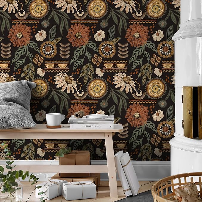 Simon&Siff Boho Peel and Stick Wallpaper, 17.3" x 800" Sun Floral Retro Contact - Image 4