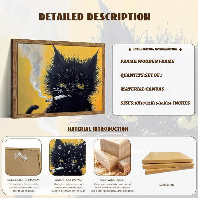 Vintage Framed Black Cat Wall Art, Mens Room Canvas Print Poster, Cool Animals - Image 5