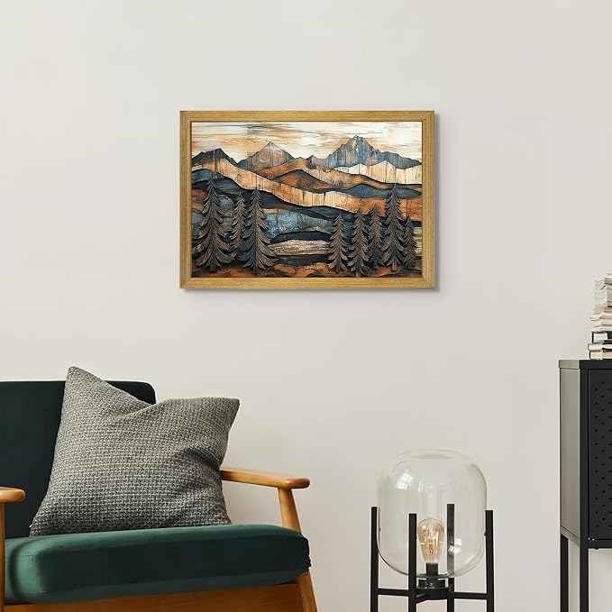 Vintage Boho Mountain Wall Art, Framed Landscape Canvas Wall Art, Nature Forest - Image 2