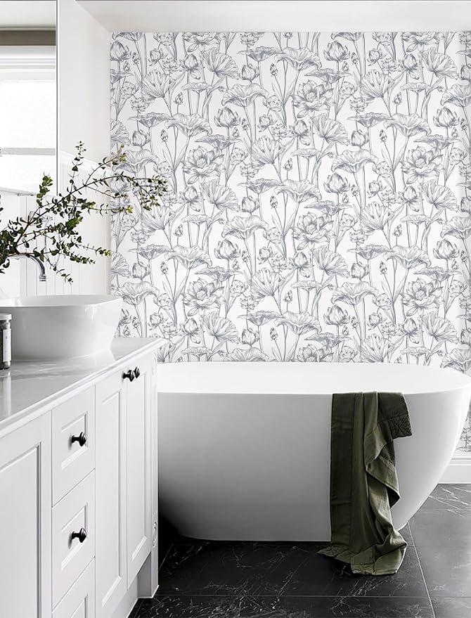 Timeet Floral Peel and Stick Wallpaper 16" x 197" White and Purple Wallpaper - Image 3