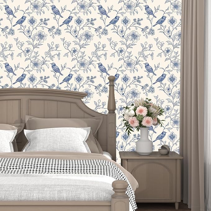 Beige Wallpaper Peel and Stick Blue Floral Bird Vintage Contact Paper 17.5" x - Image 2