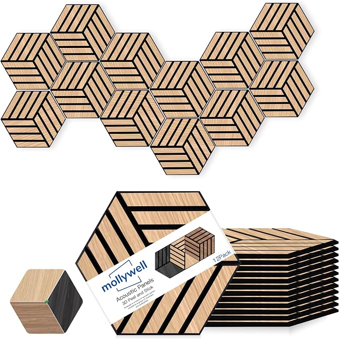 Mollywell Acoustic Panels, PVC Wood-Grain, 14x12 Inch Hexagon Carved Sound by Mollywell