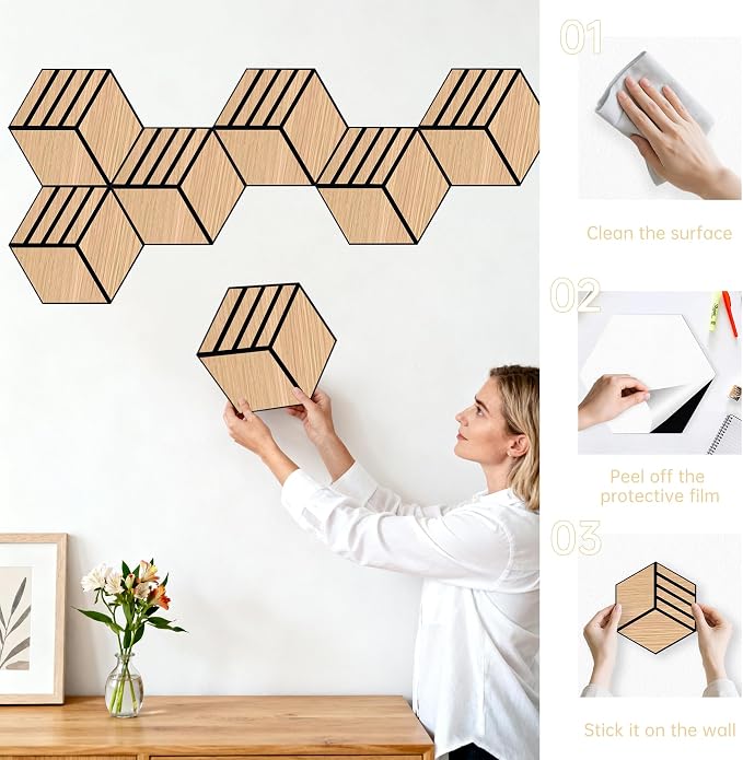 Mollywell Acoustic Panels, PVC Wood-Grain, 14x12 Inch Hexagon Carved Sound - Image 6