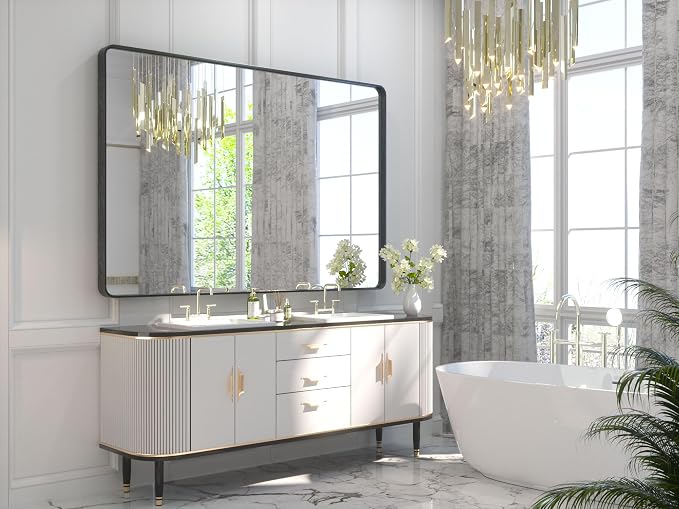TETOTE 60 x 40 Inch Black Frame Mirror, Bathroom Vanity Mirror - Image 8