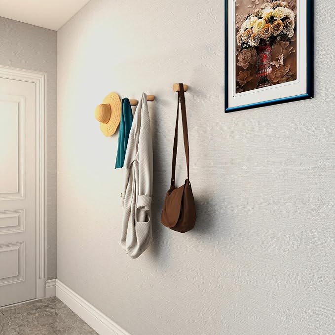 bsdonte Wood Wall Hooks, 4 Pack Natural Wooden Coat Hooks Wall Mounted - Image 3