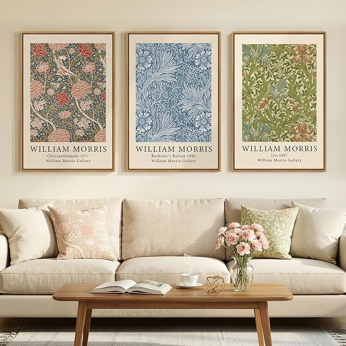 Large Framed William Morris Wall Art Set of 3, Vintage Green Botanical Floral by Cuspin